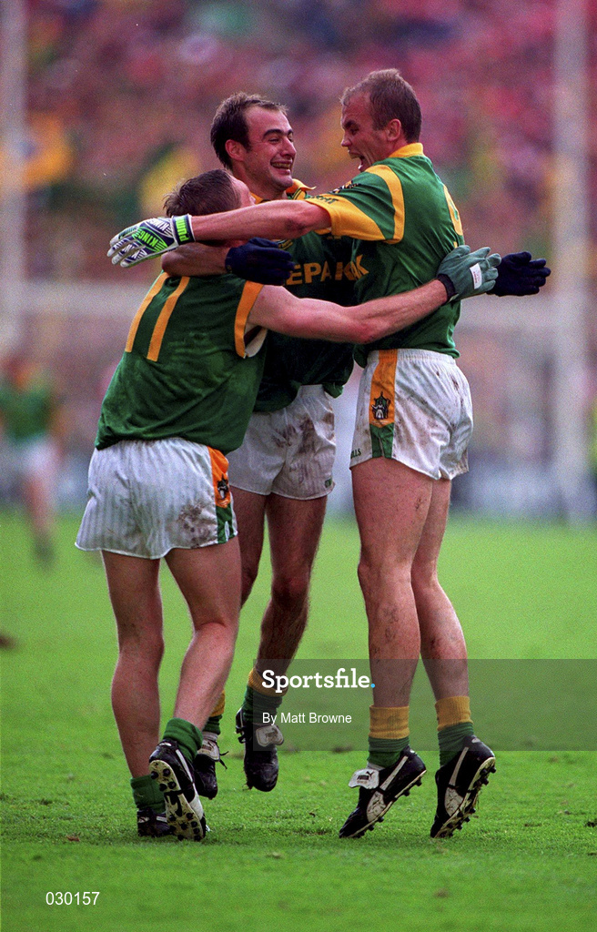 26 September 1999; Meath players, from left, Trevor Giles, Paddy Reynolds and John McDermott celebrate their side's victory following the Bank of Ireland All-Ireland Senior Football Championship Final between Meath and Cork at Croke Park in Dublin. Photo by Matt Browne/Sportsfile