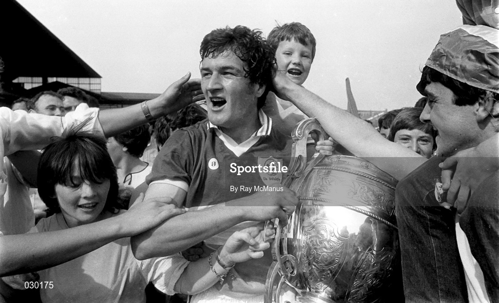 8 July 1984; Offaly captain Pat Fleury, holding the Bob O'Keeffe Cup, is congratulated by supporters following the Leinster Senior Hurling Championship Final between Offaly and Wexford at Croke Park in Dublin. Photo by Ray McManus/Sportsfile