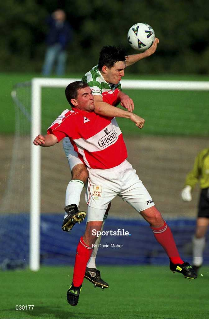 17 October 1999; Pat Morley of Cork City in action against Shane Jackson of Shamrock Rovers during the Eircom League Premier Division match between Shamrock Rovers and Cork City at Morton Stadium in Santry, Dublin. Photo by David Maher/Sportsfile