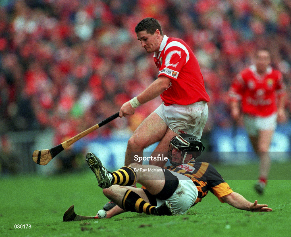 12 September 1999; Fergal McCormack of Cork in action against Pat O'Neill of Kilkenny during the Guinness All-Ireland Senior Hurling Championship Final between Cork and Kilkenny at Croke Park in Dublin. Photo by Ray McManus/Sportsfile