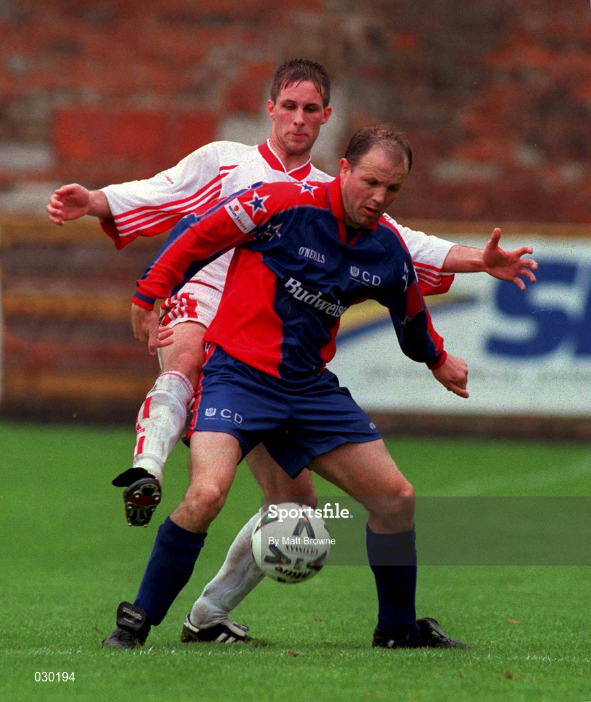 12 September 1999; Peter Hanrahan of UCD in action against Billy Clery of Galway United during the Eircom League Premier Division match between UCD and Galway United at Belfield Park in Dublin. Photo by Matt Browne/Sportsfile