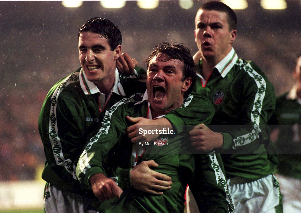15 November 1997; Republic of Ireland's Ray Houghton celebrates after scoring his side's goal with team-mates Mark Kennedy, left, and Ian Harte during the FIFA World Cup Play-Off Second Leg match between Belgium and Republic of Ireland at Heysel Stadium in Brussels, Belgium. Photo by Matt Browne/Sportsfile
