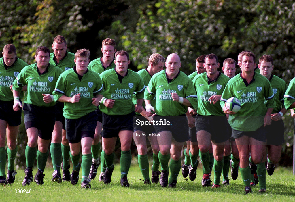 29 September 1999; Players during an Ireland Rugby training session at King's Hospital in Palmerstown, Dublin. Photo by Aoife Rice/Sportsfile