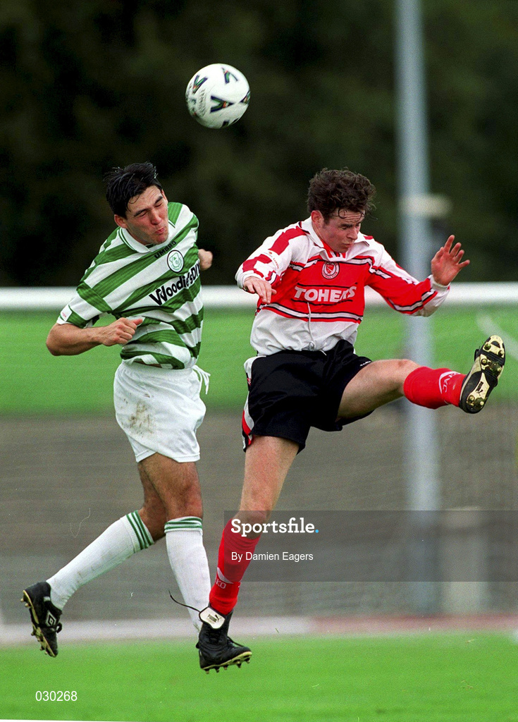 26 September 1999; Shane Jackson of Shamrock Rovers in action against Padraig Moran of Sligo Rovers during the Eircom League Premier Division match between Shamrock Rovers and Sligo Rovers at Morton Stadium in Santry, Dublin. Photo by Damien Eagers/Sportsfile