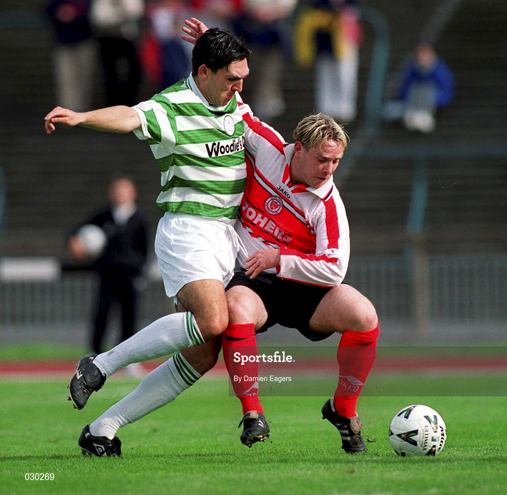 26 September 1999; Shane Jackson of Shamrock Rovers in action against Glenn Shannon of Sligo Rovers during the Eircom League Premier Division match between Shamrock Rovers and Sligo Rovers at Morton Stadium in Santry, Dublin. Photo by Damien Eagers/Sportsfile