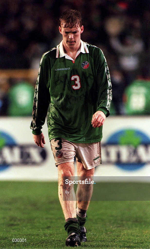 15 November 1997. A dejected Steve Staunton leaves the pitch after the Republic of Ireland were knocked out of the World Cup 1998 Qualifier by Belgium. World Cup Play-off, Belgium v Rep of Ireland, Hysel Stadium, Brussels, Belgium. Picture credit; Brendan Moran/SPORTSFILE