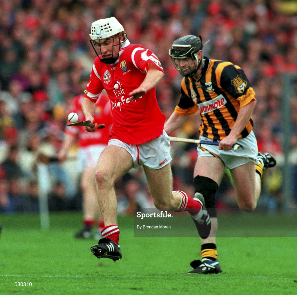12 September 1999; Timmy McCarthy of Cork in action against Peter Barry of Kilkenny during the Guinness All-Ireland Senior Hurling Championship Final between Cork and Kilkenny at Croke Park in Dublin. Photo by Brendan Moran/Sportsfile