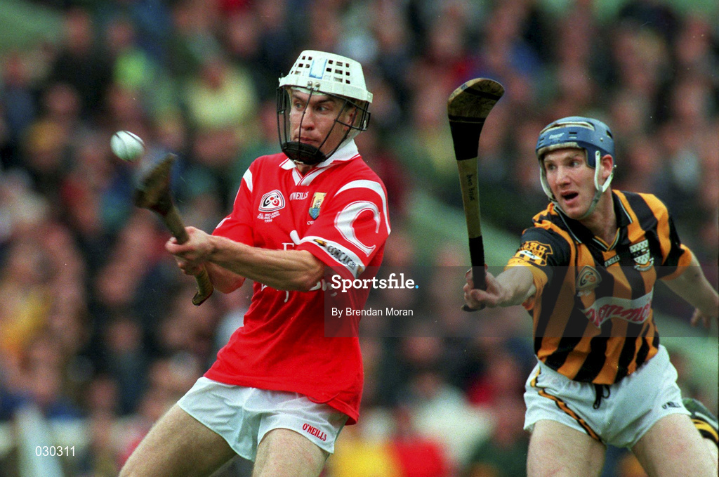 12 September 1999; Timmy McCarthy of Cork in action against Denis Byrne of Kilkenny during the Guinness All-Ireland Senior Hurling Championship Final between Cork and Kilkenny at Croke Park in Dublin. Photo by Brendan Moran/Sportsfile