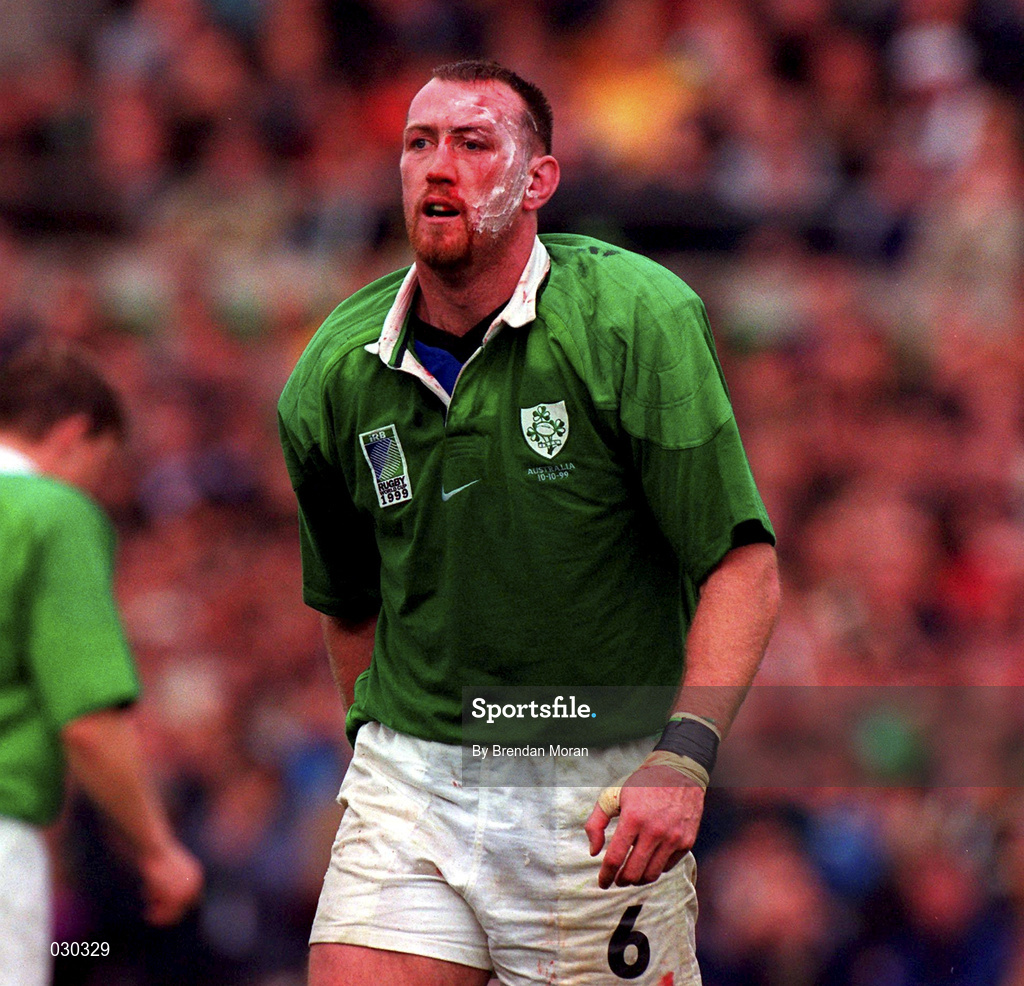 10 October 1999; Trevor Brennan walks off the field during the Rugby World Cup Pool E match between Ireland and Australia at Lansdowne Road in Dublin. Photo by Brendan Moran/Sportsfile