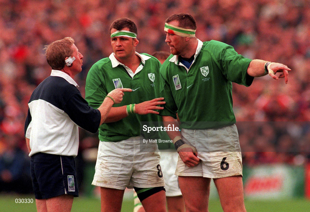 10 October 1999; Ireland's Trevor Brennan, right, and captain Dion O'Cuinneagain in discussion with referee Clayton Thomas during the Rugby World Cup Pool E match between Ireland and Australia at Lansdowne Road in Dublin. Photo by Matt Browne/Sportsfile