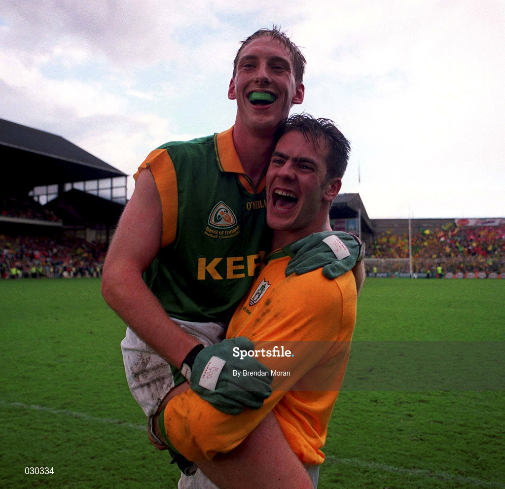 26 September 1999; Meath's Cormac Sullivan, right, and Trevor Giles celebrate their side's victory in the Bank of Ireland All-Ireland Senior Football Championship Final between Meath and Cork at Croke Park in Dublin. Photo by Brendan Moran/Sportsfile