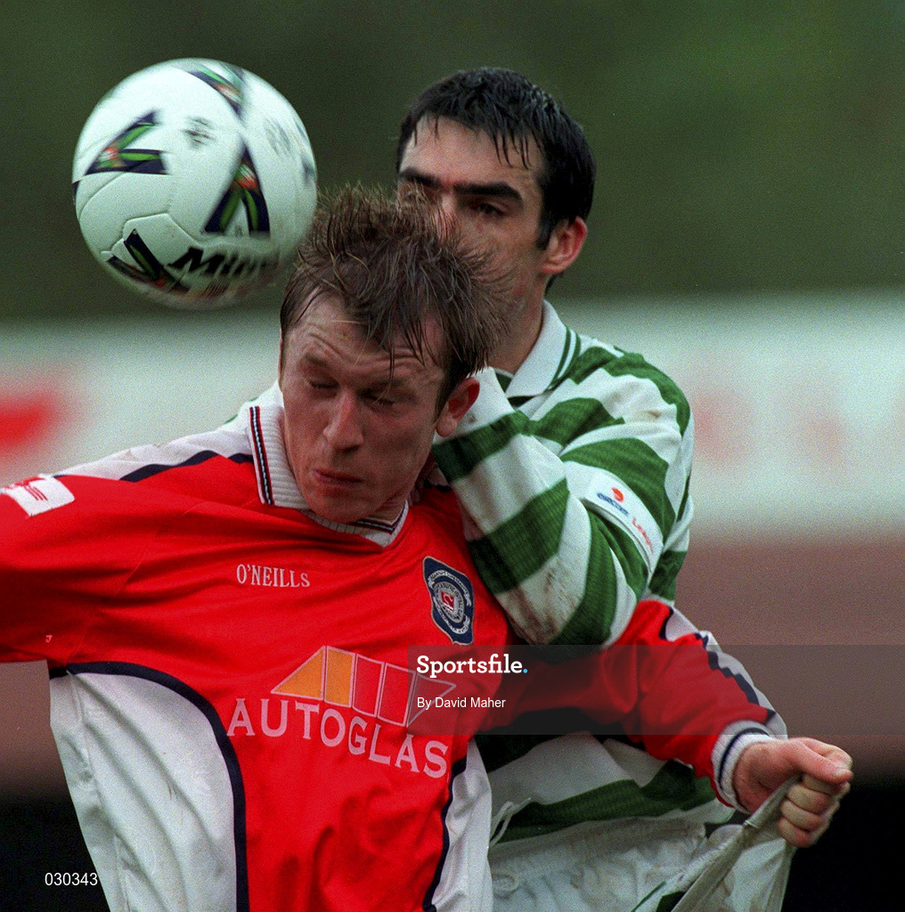 24 October 1999; Trevor Molloy of St Patrick's Athletic in action against Terry Palmer of Shamrock Rovers during the Eircom League Premier Division match between St Patrick's Athletic and Shamrock Rovers at Richmond Park in Inchicore, Dublin. Photo by David Maher/Sportsfile