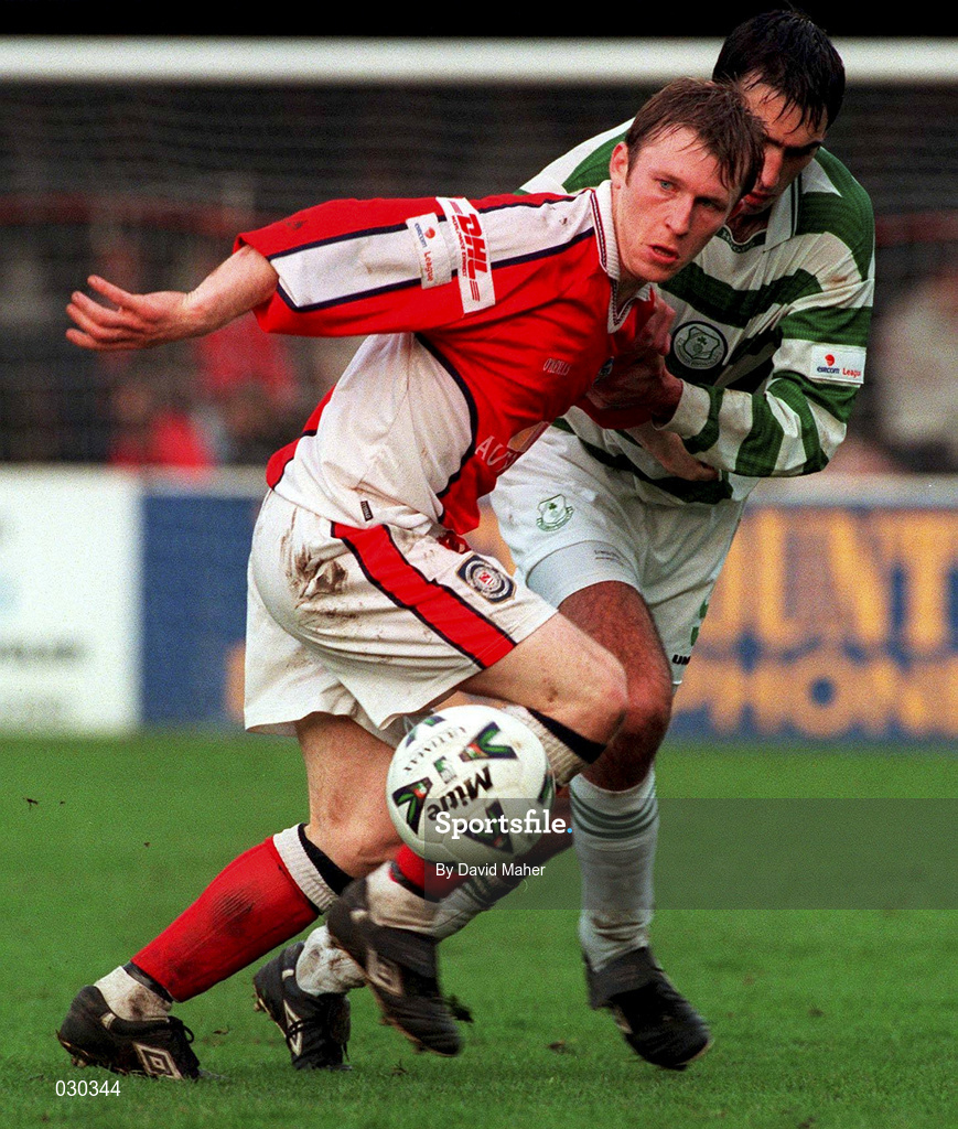 24 October 1999; Trevor Molloy of St Patrick's Athletic in action against Terry Palmer of Shamrock Rovers during the Eircom League Premier Division match between St Patrick's Athletic and Shamrock Rovers at Richmond Park in Inchicore, Dublin. Photo by David Maher/Sportsfile