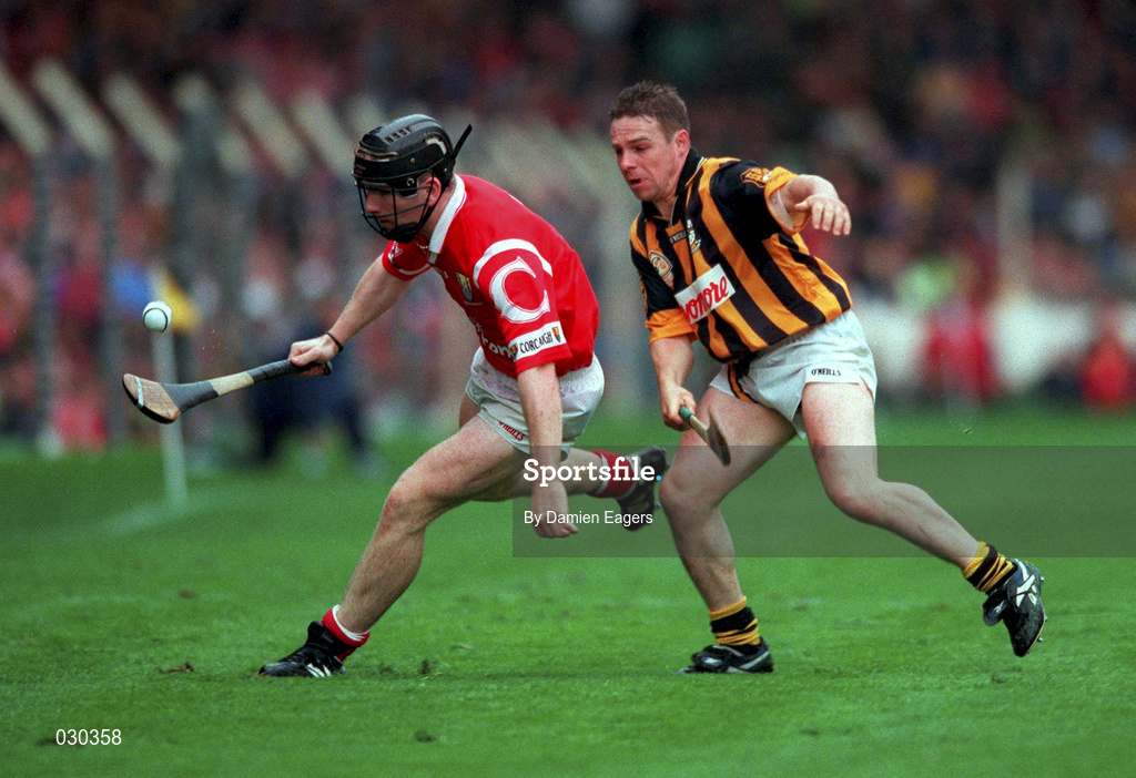 12 September 1999; Wayne Sherlock of Cork in action against Charlie Carter of Kilkenny during the Guinness All-Ireland Senior Hurling Championship Final between Cork and Kilkenny at Croke Park in Dublin. Photo by Damien Eagers/Sportsfile