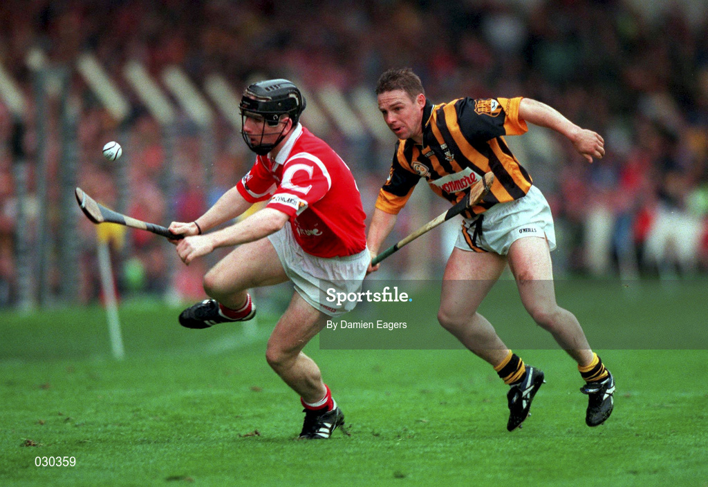 12 September 1999; Wayne Sherlock of Cork in action against Charlie Carter of Kilkenny during the Guinness All-Ireland Senior Hurling Championship Final between Cork and Kilkenny at Croke Park in Dublin. Photo by Damien Eagers/Sportsfile
