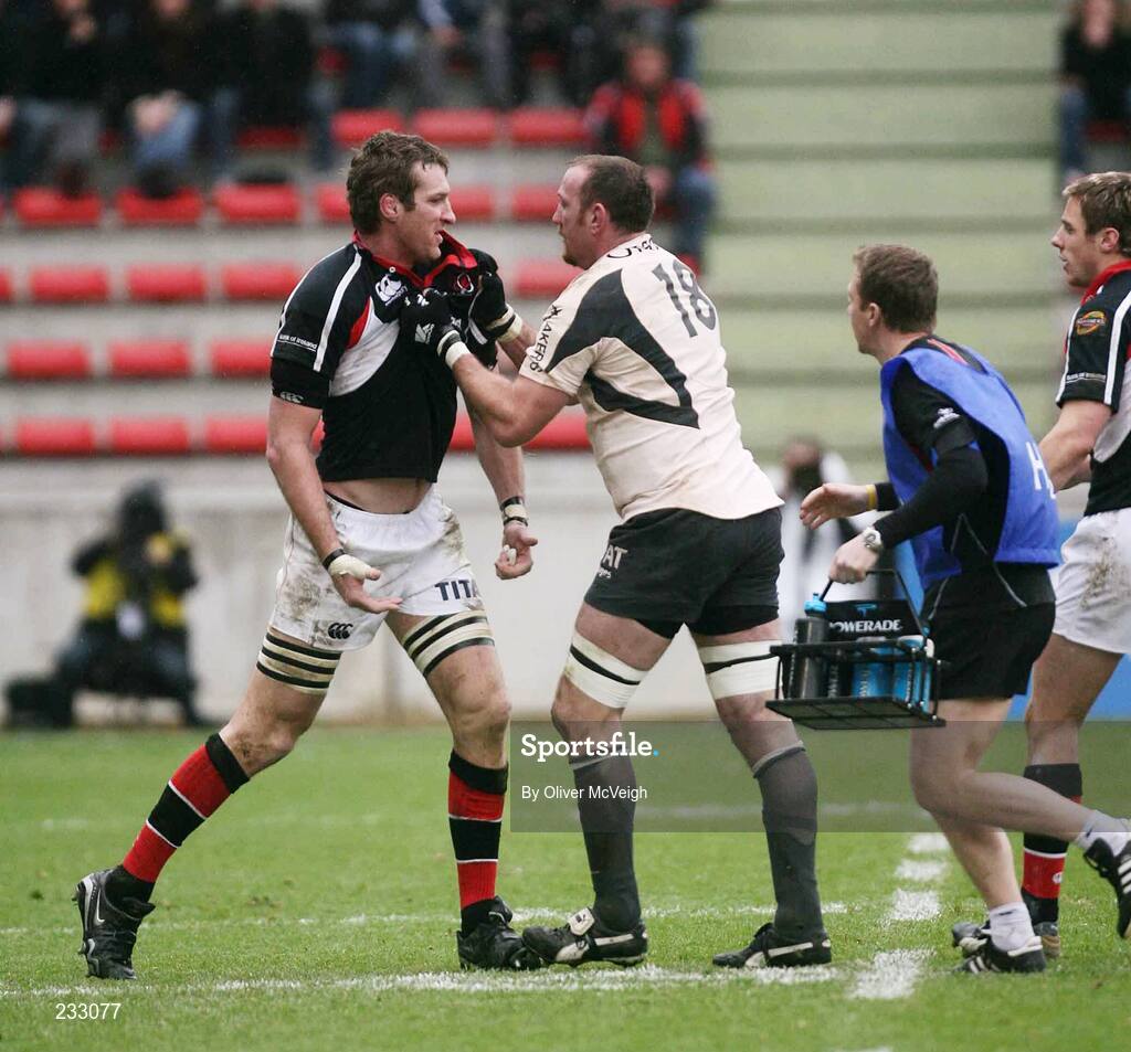 21 January 2007; Trevor Brennan, Toulouse, right, involved in an altercation with Justin Harrison, Ulster, after both were yellow carded. Heineken Cup, Pool 5, Round 6, Toulouse v Ulster, Stade Ernest Wallon, Toulouse, France. Picture credit: Oliver McVeigh / SPORTSFILE