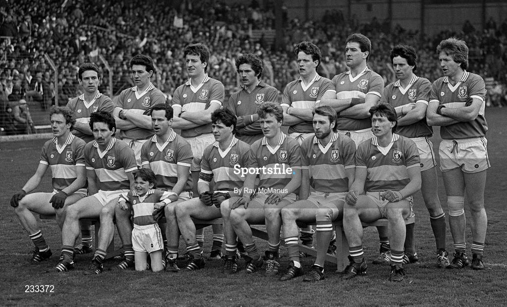 4 May 1986; The Laois team, back row from left, Colm Browne, Pat Brophy, Michael Dempsey, Martin Conroy, Martin Dempsey, John Costelloe, Michael Ahern and Eamon Whelan, with, front row, from left, Liam Irwin, Willie Brennan, Tom Prendergast, Pat Dunne, Eddie Kelly, Gerry Browne and Christy McGuire with mascot Glen Brophy before the Ford National Football League Division 1 Final match between Laois and Monaghan at Croke Park, Dublin. Photo by Ray McManus/Sportsfile