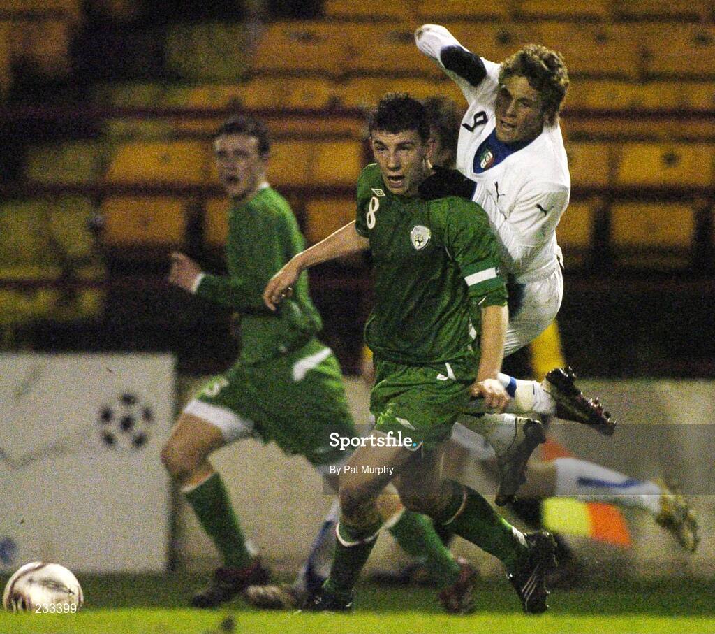25 January 2007; James O'Brien, Republic of Ireland, in action against Salvatore Caturano, Italy. UEFA U17 Championships Qualifier, Republic of Ireland v Italy, Tolka Park, Dublin. Picture credit: Pat Murphy / SPORTSFILE