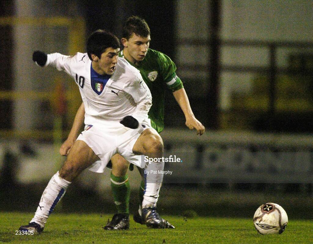 25 January 2007; Martin Forestieri Fernando, Italy, in action against James O'Brien, Republic of Ireland. UEFA U17 Championships Qualifier, Republic of Ireland v Italy, Tolka Park, Dublin. Picture credit: Pat Murphy / SPORTSFILE