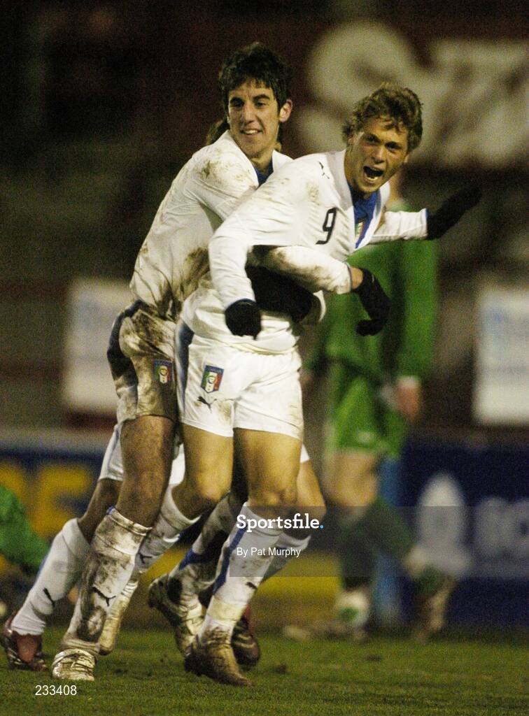 25 January 2007; Salvatore Caturano, Italy, celebrates with team-mate Alessio Viola Pasquale, left, after scoring his side's opening goal. UEFA U17 Championships Qualifier, Republic of Ireland v Italy, Tolka Park, Dublin. Picture credit: Pat Murphy / SPORTSFILE