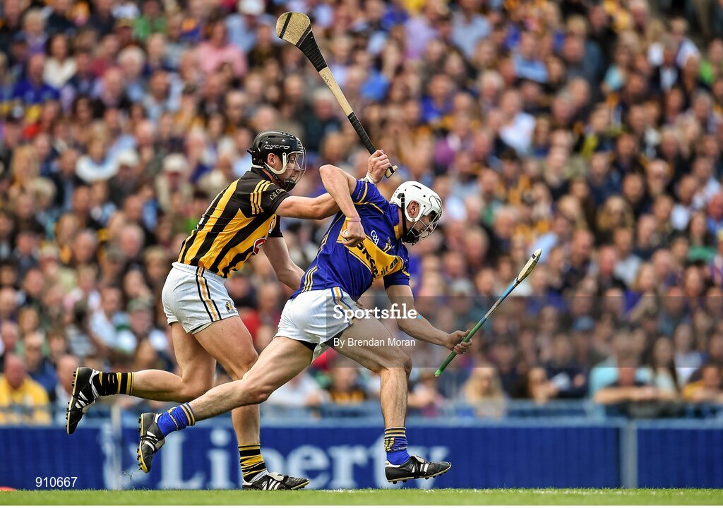 7 September 2014; Patrick Maher, Tipperary, in action against Jackie Tyrrell, Kilkenny. GAA Hurling All Ireland Senior Championship Final, Kilkenny v Tipperary. Croke Park, Dublin. Picture credit: Brendan Moran / SPORTSFILE
