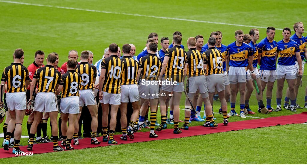 7 September 2014; Match officials and players from both teams greet each other before the game. Tipperary, GAA Hurling All Ireland Senior Championship Final, Kilkenny v Tipperary. Croke Park, Dublin. Picture credit: Ray McManus / SPORTSFILE