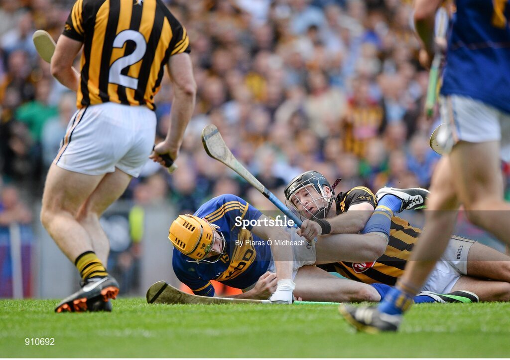 7 September 2014; Lar Corbett, Tipperary, is fouled for a penalty by JJ Delaney, Kilkenny, which was saved. GAA Hurling All Ireland Senior Championship Final, Kilkenny v Tipperary. Croke Park, Dublin. Picture credit: Piaras Ó Mídheach / SPORTSFILE