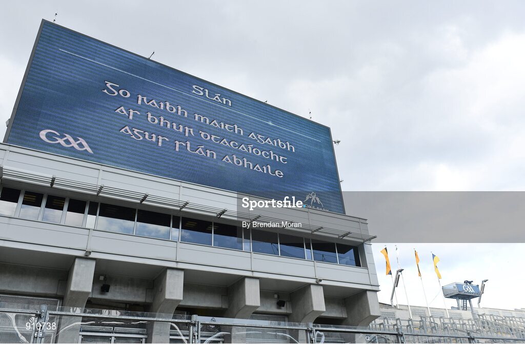 7 September 2014; The large score board after the game with a message which reads "Slán, Go Raibh Maith Agat, As Bhur Dtacaíocht, Agus Slán Abhaile", which translates to "Thank you for your support, safe journey home". GAA Hurling All Ireland Senior Championship Final, Kilkenny v Tipperary. Croke Park, Dublin. Picture credit: Brendan Moran / SPORTSFILE