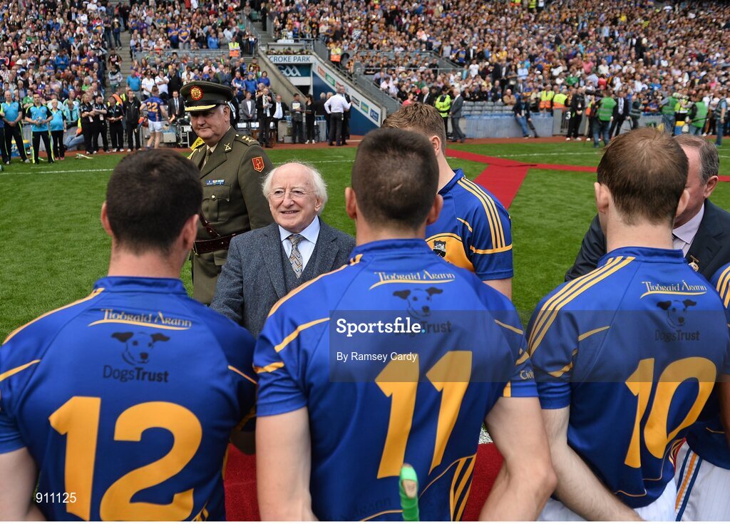7 September 2014; President of Ireland Michael D. Higgins is introduced to Tipperary's John O'Dwyer by captain Brendan Maher. GAA Hurling All Ireland Senior Championship Final, Kilkenny v Tipperary. Croke Park, Dublin. Picture credit: Ramsey Cardy / SPORTSFILE