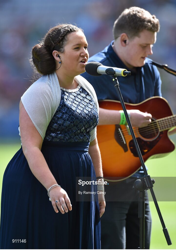 7 September 2014; Michaela Ní Aogháin sings during the half-time break. GAA Hurling All Ireland Senior Championship Final, Kilkenny v Tipperary. Croke Park, Dublin. Picture credit: Ramsey Cardy / SPORTSFILE