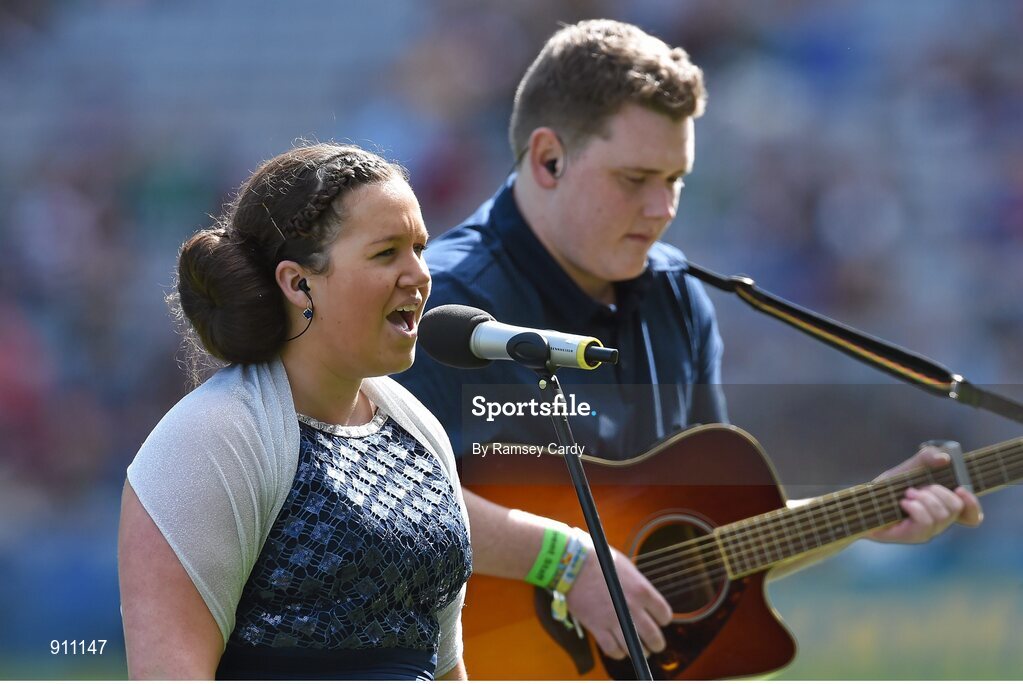 7 September 2014; Michaela Ní Aogháin sings during the half-time break. GAA Hurling All Ireland Senior Championship Final, Kilkenny v Tipperary. Croke Park, Dublin. Picture credit: Ramsey Cardy / SPORTSFILE
