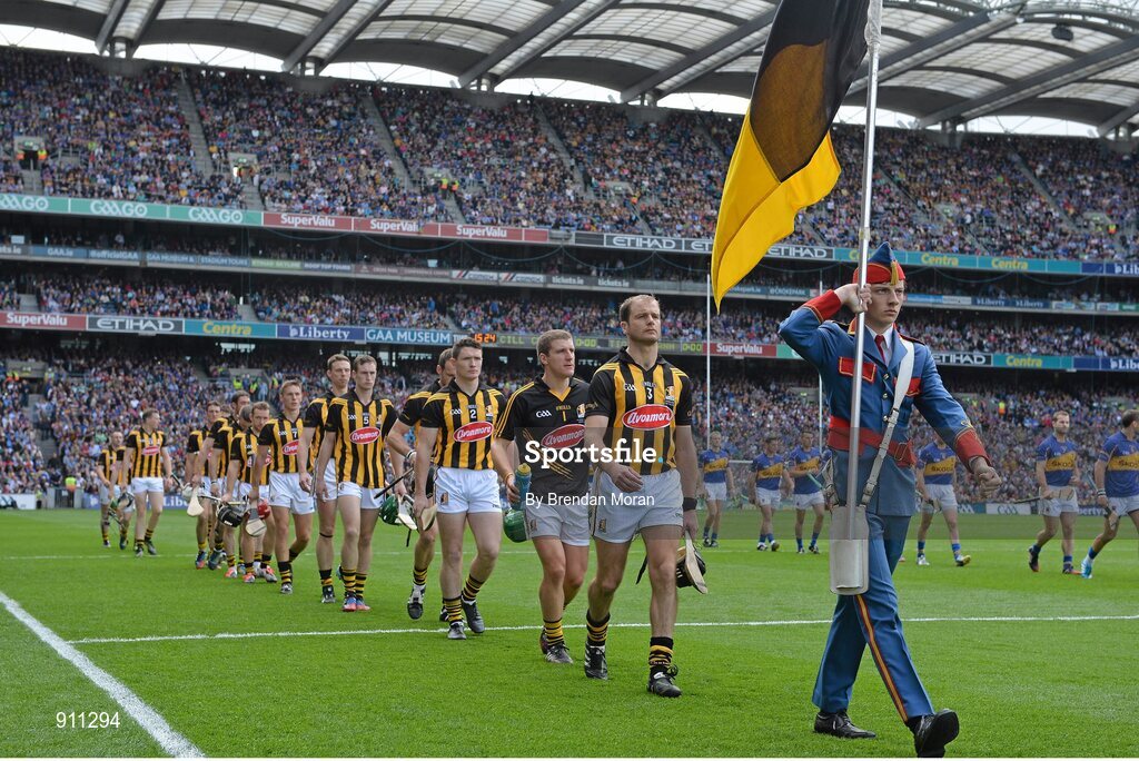 7 September 2014; The Kilkenny team are led by JJ Delaney as they walk behind the Artane Band during the pre-match parade. GAA Hurling All Ireland Senior Championship Final, Kilkenny v Tipperary. Croke Park, Dublin. Picture credit: Brendan Moran / SPORTSFILE
