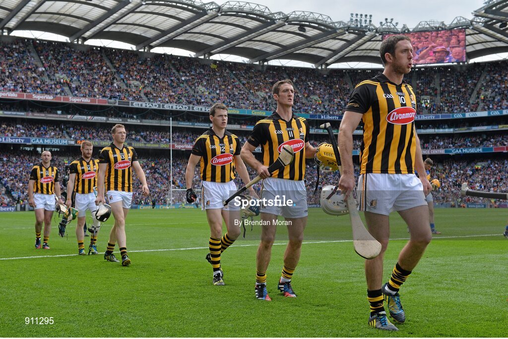 7 September 2014; Michael Fennelly, right, leads the Kilkenny forward line, from left, Eoin Larkin, Richie Power, Walter Walsh, TJ Reid, and Colin Fennelly during the pre-match parade. GAA Hurling All Ireland Senior Championship Final, Kilkenny v Tipperary. Croke Park, Dublin. Picture credit: Brendan Moran / SPORTSFILE