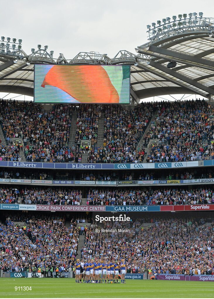 7 September 2014; The Tipperary team stand for the national anthem before the game. GAA Hurling All Ireland Senior Championship Final, Kilkenny v Tipperary. Croke Park, Dublin. Picture credit: Brendan Moran / SPORTSFILE