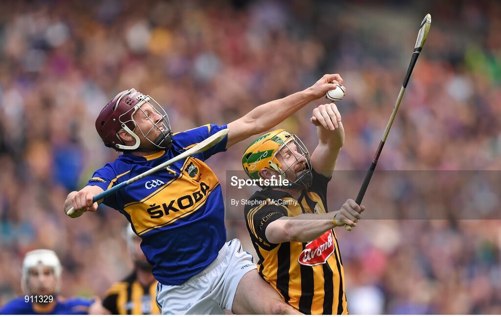 7 September 2014; Paddy Stapleton of Tipperary in action against Richie Power of Kilkenny during the GAA Hurling All Ireland Senior Championship Final match between Kilkenny and Tipperary at Croke Park, Dublin. Photo by Stephen McCarthy/Sportsfile