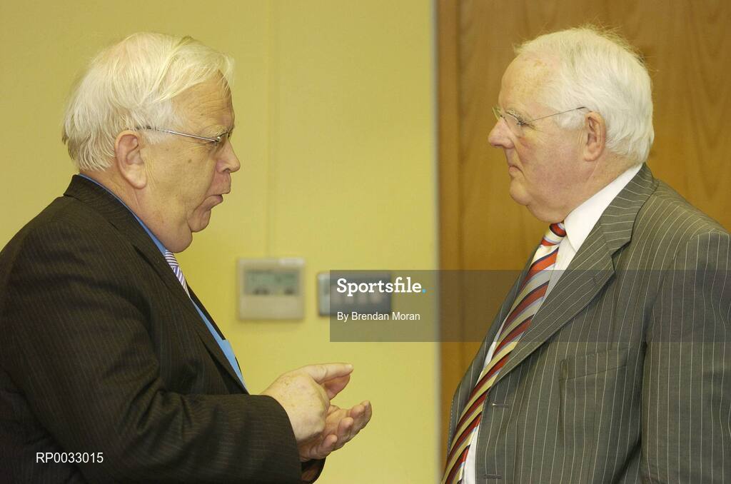25 January 2007; At the inaugural meeting of board of the new National Sports Campus Development Authority, are Phil Furlong, Secretary General, Department of Arts, Sport and Tourism, in conversation with Tom Kiernan. West End Business Park, Blanchardstown, Dublin. Picture credit: Brendan Moran / SPORTSFILE