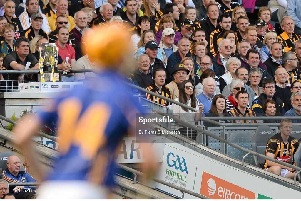 7 September 2014; Kilkenny's Henry Shefflin sits with the substitutes in the Hogan Stand near the Liam MacCarthy cup during the game. GAA Hurling All Ireland Senior Championship Final, Kilkenny v Tipperary. Croke Park, Dublin. Picture credit: Piaras Ó Mídheach / SPORTSFILE