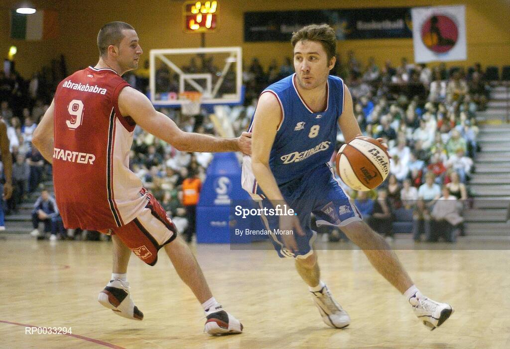 28 January 2007; Shane Coughlan, UCC Demons, in action against James Mooney, Abrakebabra Tigers. Men's Superleague National Cup Final, Abrakebabra Tigers, Tralee, Co. Kerry v UCC Demons, Cork, National Basketball Arena, Tallaght, Dublin. Picture credit: Brendan Moran / SPORTSFILE