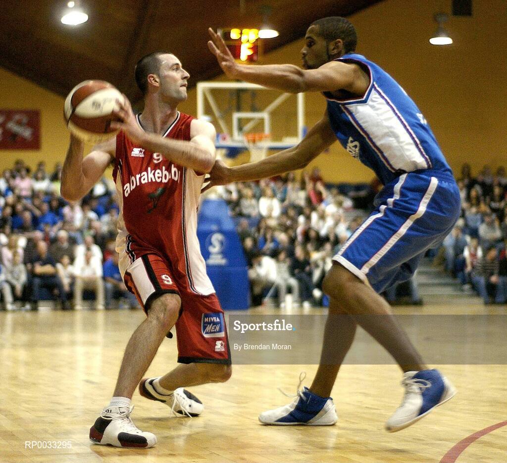 28 January 2007; James Mooney, Abrakebabra Tigers, in action against Carlton Cuffe, UCC Demons. Men's Superleague National Cup Final, Abrakebabra Tigers, Tralee, Co. Kerry v UCC Demons, Cork, National Basketball Arena, Tallaght, Dublin. Picture credit: Brendan Moran / SPORTSFILE