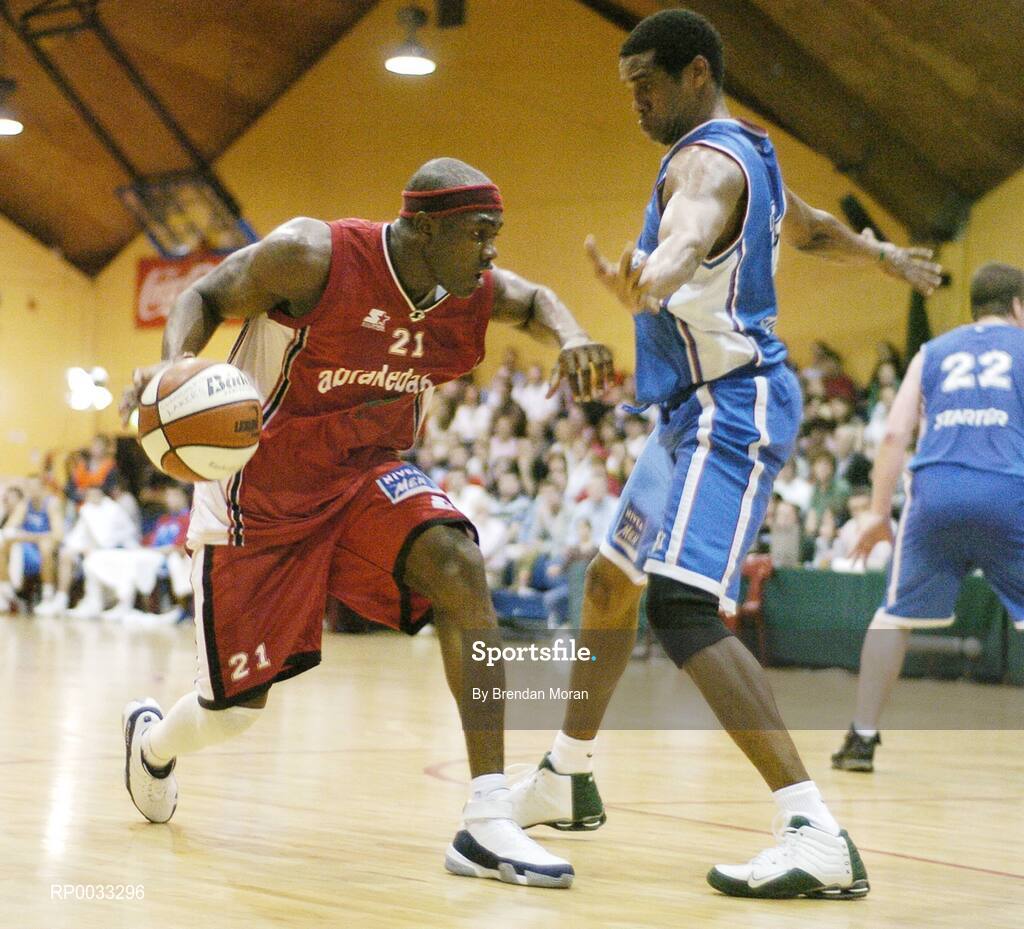 28 January 2007; Wilder Auguste, Abrakebabra Tigers, in action against Benito Flores, UCC Demons. Men's Superleague National Cup Final, Abrakebabra Tigers, Tralee, Co. Kerry v UCC Demons, Cork, National Basketball Arena, Tallaght, Dublin. Picture credit: Brendan Moran / SPORTSFILE