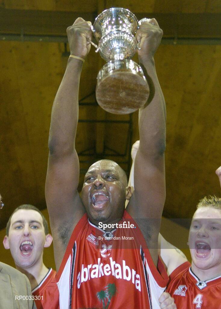 28 January 2007; Abrakebabra Tigers captain Roscoe Patterson lifts the cup after the game. Men's Superleague National Cup Final, Abrakebabra Tigers, Tralee, Co. Kerry v UCC Demons, Cork, National Basketball Arena, Tallaght, Dublin. Picture credit: Brendan Moran / SPORTSFILE