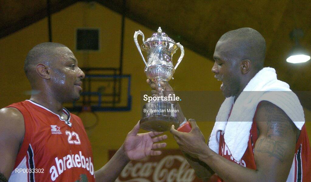 28 January 2007; Abrakebabra Tigers captain Roscoe Patterson, left, and Wilder Auguste admire the cup after the game. Men's Superleague National Cup Final, Abrakebabra Tigers, Tralee, Co. Kerry v UCC Demons, Cork, National Basketball Arena, Tallaght, Dublin. Picture credit: Brendan Moran / SPORTSFILE