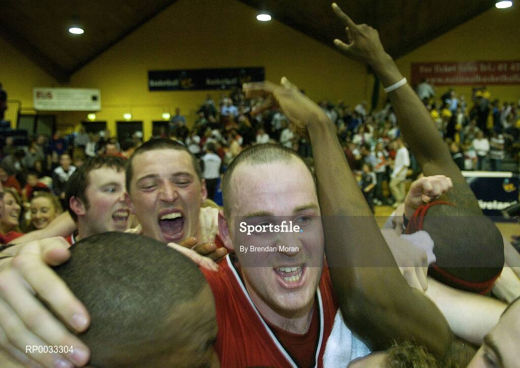 28 January 2007; Abrakebabra Tigers players, including Kieran Donaghy and Michael Quirke, centre, celebrate after victory over UCC Demons. Men's Superleague National Cup Final, Abrakebabra Tigers, Tralee, Co. Kerry v UCC Demons, Cork, National Basketball Arena, Tallaght, Dublin. Picture credit: Brendan Moran / SPORTSFILE