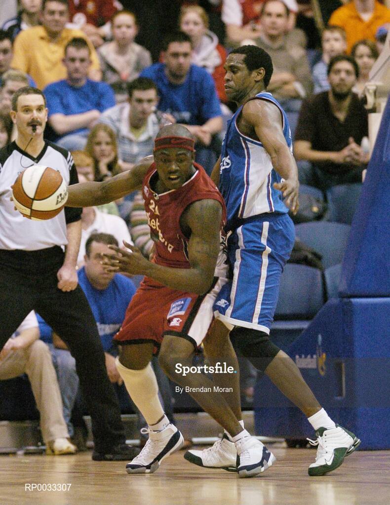 28 January 2007; Wilder Auguste, Abrakebabra Tigers, in action against Benito Flores, UCC Demons. Men's Superleague National Cup Final, Abrakebabra Tigers, Tralee, Co. Kerry v UCC Demons, Cork, National Basketball Arena, Tallaght, Dublin. Picture credit: Brendan Moran / SPORTSFILE