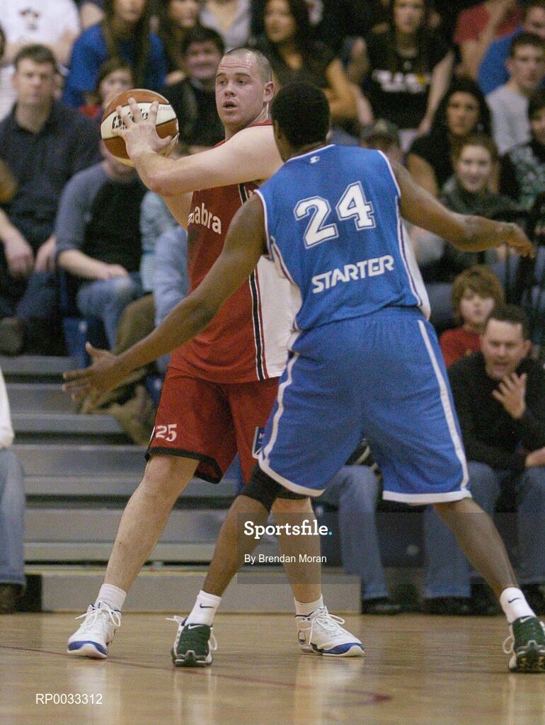 28 January 2007; Michael Quirke, Abrakebabra Tigers, in action against Benito Flores, UCC Demons. Men's Superleague National Cup Final, Abrakebabra Tigers, Tralee, Co. Kerry v UCC Demons, Cork, National Basketball Arena, Tallaght, Dublin. Picture credit: Brendan Moran / SPORTSFILE