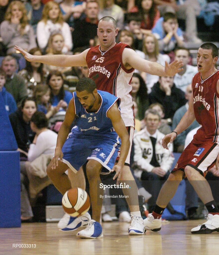 28 January 2007; Carlton Cuffe, UCC Demons, in action against Michael Quirke and Kieran Donaghy, Abrakebabra Tigers. Men's Superleague National Cup Final, Abrakebabra Tigers, Tralee, Co. Kerry v UCC Demons, Cork, National Basketball Arena, Tallaght, Dublin. Picture credit: Brendan Moran / SPORTSFILE