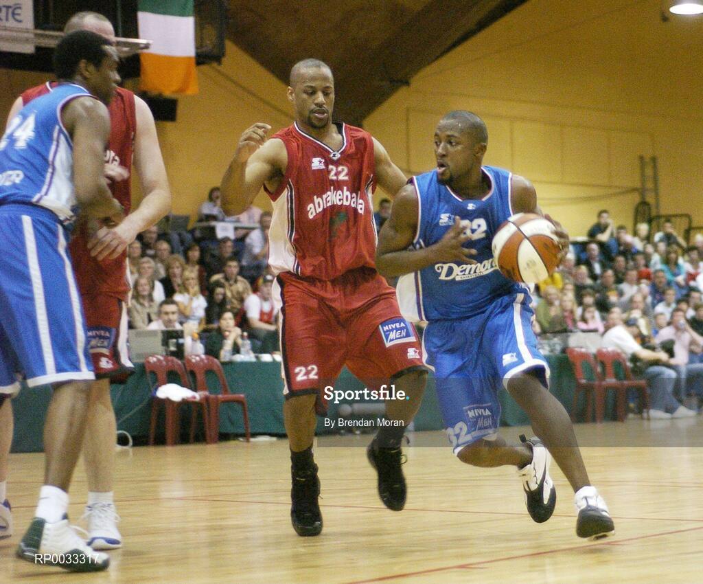 28 January 2007; LaShon Sheffield, UCC Demons, in action against Dave Fanning, Abrakebabra Tigers. Men's Superleague National Cup Final, Abrakebabra Tigers, Tralee, Co. Kerry v UCC Demons, Cork, National Basketball Arena, Tallaght, Dublin. Picture credit: Brendan Moran / SPORTSFILE