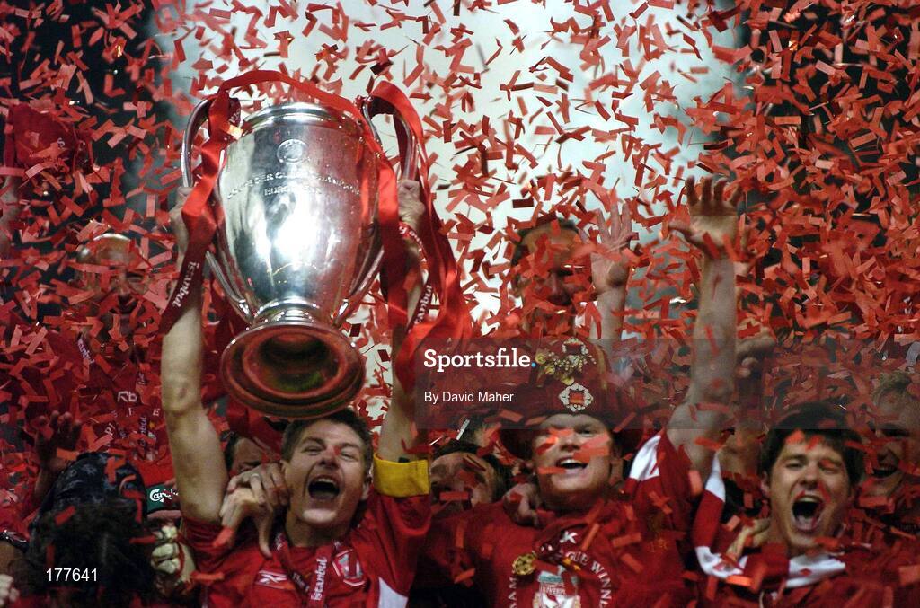 25 May 2005; Steven Gerrard, Liverpool captain, lifts the cup as his team-mates celebrate. UEFA Champions League Final, Liverpool v AC Milan, Ataturk Olympic Stadium, Istanbul, Turkey. Picture credit; David Maher / SPORTSFILE