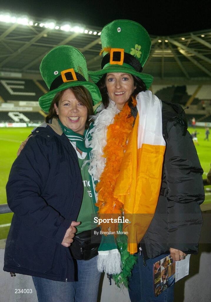 2 February 2007; Irish rugby fans Helen Hagan, left, and Michelle Monahan, supporting their sons, who were playing for Ireland. U20 Six Nations Rugby Championship, Wales v Ireland, Liberty Stadium, Swansea, Wales. Picture credit: Brendan Moran / SPORTSFILE
