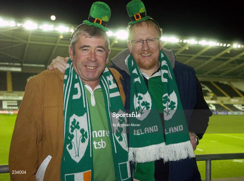 2 February 2007; Irish rugby fans Brendan Hagan, left, and Peter Monahan, supporting their sons, who were playing for Ireland. U20 Six Nations Rugby Championship, Wales v Ireland, Liberty Stadium, Swansea, Wales. Picture credit: Brendan Moran / SPORTSFILE